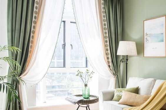 green wall with white green curtain