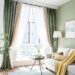 green wall with white green curtain