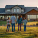 Young family looking at their new home standing with their backs, real estate purchase, Generative AI