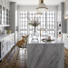 dog sitting in modern kitchen