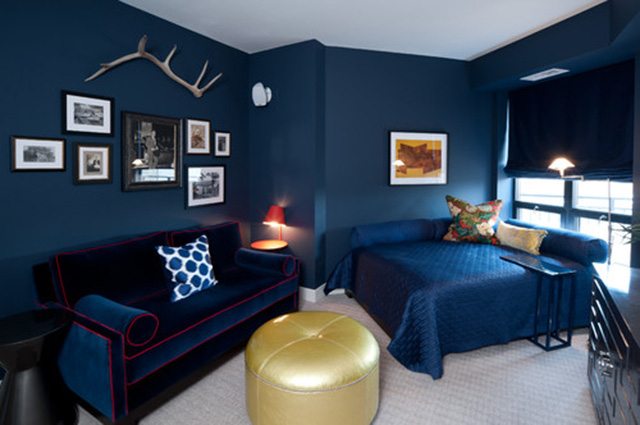 Окрашенная в синий цвет комната с синим диваном и диваном на полу
