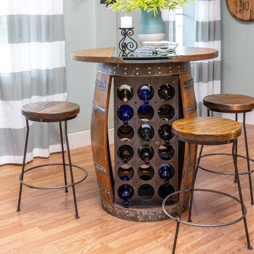 wine barrel table with built in wine rack