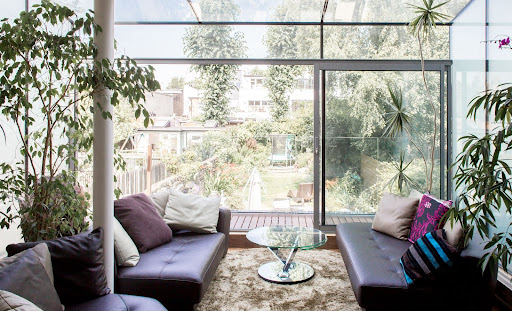 A living room overlooking a garden