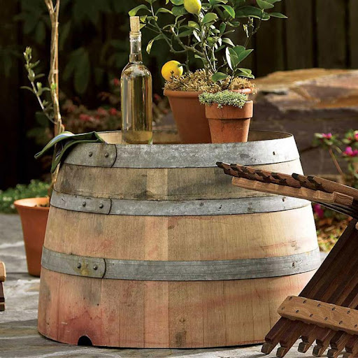 half wine barrel used as coffee table