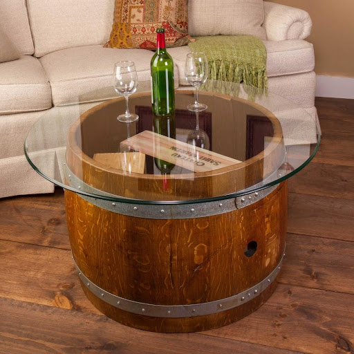 wine barrel table used as coffee table