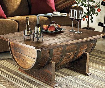 wine barrel cut horizontally as a coffee table