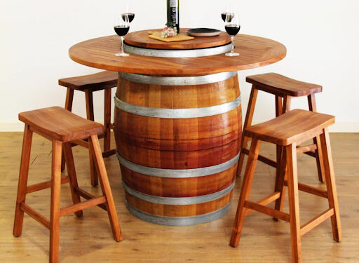 A wooden wine barrel table