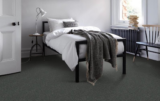 room with gray walls and green carpet