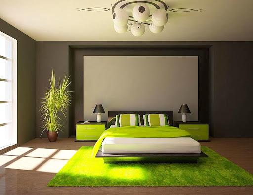 room with gray walls and green carpet